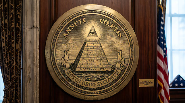 Antique Conspiracy Symbol of the Eye of Providence within a Pyramid Emblazoned on a Vintage Sign in a Formal Setting