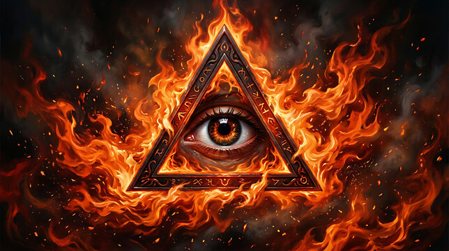 Surreal fiery eye within a mystical triangle symbolizing enlightenment and mysticism in a cosmic dark background