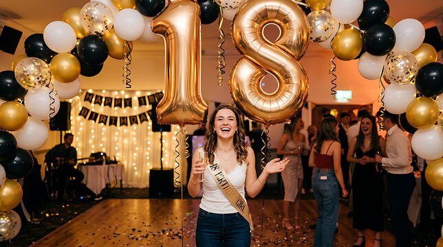 Young woman celebrating her 18th birthday with colorful balloons and lively party atmosphere in an indoor celebration setting