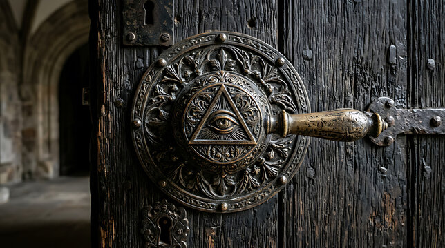 Intricately Designed ancient door handle with mystical symbols and antique metalwork showcasing historical craftsmanship and