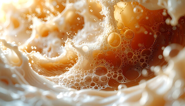 Abstract macro shot of swirling liquid, creamy white and amber tones, dynamic motion, bubbles and droplets, energetic flow