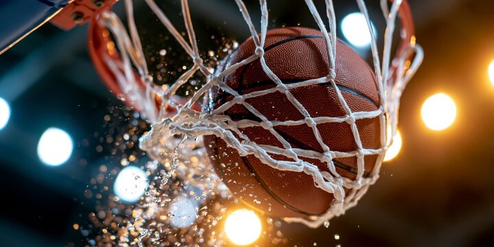 Dramatic basketball score moment with the ball tearing through the white net under bright arena spotlights