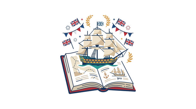 Open Book with Historic Sailing Ship and British Flags Illustration
