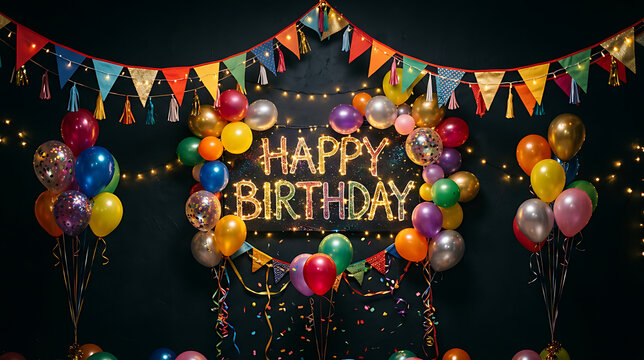 Vibrant birthday celebration setup with colorful balloons, festive banners, and illuminated 'happy birthday' sign against a dark