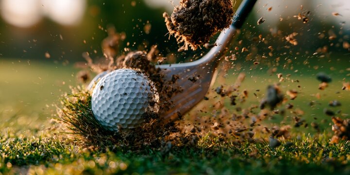 Dynamic close-up of a golf club hitting a white ball, sending dirt and grass flying in golden sunlight.