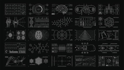 Medical science digital data interface elements collection with interface technology diagnostic biological research graphics analysis information laboratory chemistry molecule scanning © Muhammad