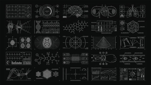Medical science digital data interface elements collection with interface technology diagnostic biological research graphics analysis information laboratory chemistry molecule scanning