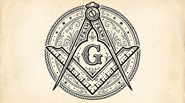 Intricate Freemason Square and Compass Emblem with Central G Symbol on Vintage Paper Background