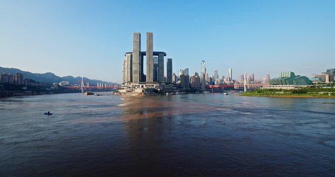 Modern skyscraper architecture at the confluence of two rivers in Chongqing, China
