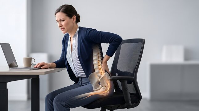 Businesswoman Sitting with Sciatica Pain and Lumbar Spine Anatomy Overlay
