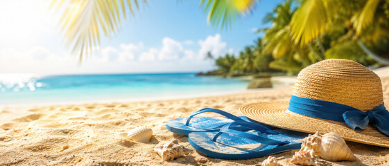 Obraz premium Sunny tropical beach with turquoise water, summer holidays vacation background, seashells in sand, palm tree on the beach