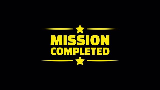 Yellow mission completed message with decorative stars and lines appears on transparent background for task completion and achievement gained.