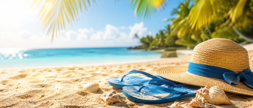 Sunny tropical beach with turquoise water, summer holidays vacation background, seashells in sand, palm tree on the beach