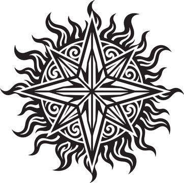 Black and white of a stylized sun compass with sharp star points and tribal swirl patterns on a white background
