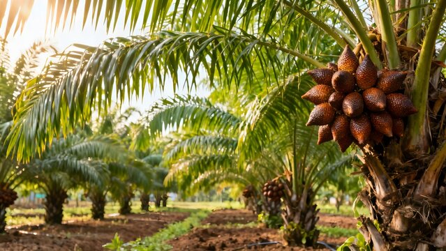 Organic salak orchard with thriving salak palm trees bearing ripe snake fruit clusters, lush emerald green palm fronds