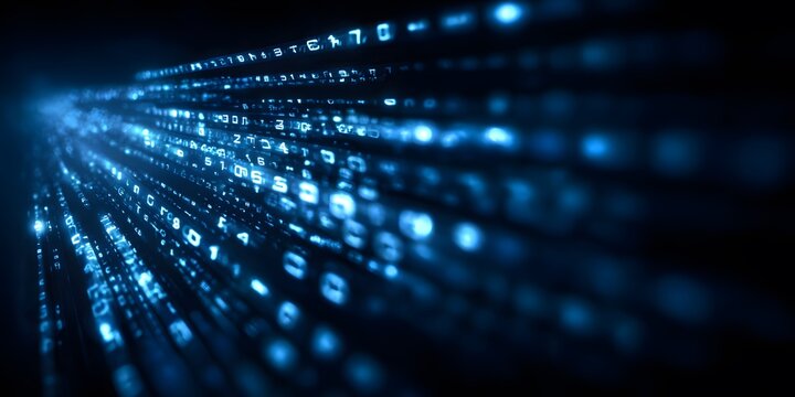 Abstract blue digital data stream with binary code flowing into the distance.