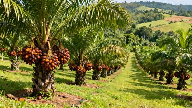 Modern snake fruit plantation with well-maintained rows of salak palm trees, mature clusters of ripe salak fruits