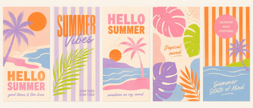 Creative concept of summer vacation cards set with abstract pattern, tropical leaves, plants, palms and sea beach. Modern art design templates for ads, branding, banner, cover, label, poster, print