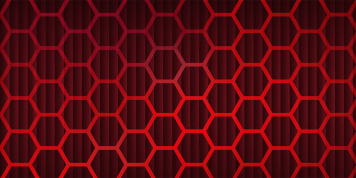 Abstract futuristic background with red hexagon grid pattern over dark maroon vertical stripe gradient