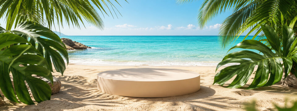 Beach podium summer background sand product 3D sea display platform. Beach podium summer banner stand scene sale sky holiday vacation stage water island sun travel pedestal promotion presentation ad.