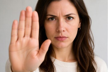 Fototapeta premium A woman stands in a light space with her hand raised in a stopping gesture. She looks directly ahead with a serious expression. Her long hair falls around her face.