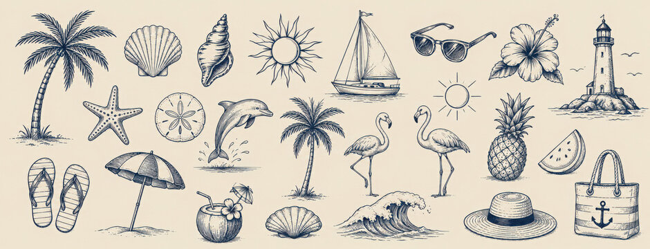 Summer beach doodles. Coastal vacation drawings. Hand drawn illustration of palm trees, sun, boat and seashells. Graphic background elements.