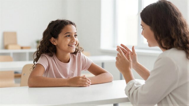 A smiling girl sits at a table, engaging with an adult who claps her hands.