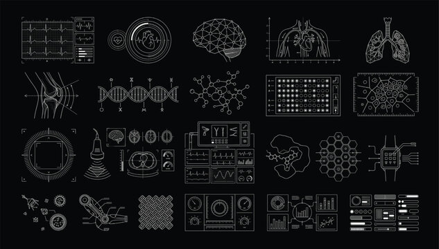 Medical science data analysis and biological research interface elements collection with technology interface research laboratory analysis clinical diagnostic futuristic information