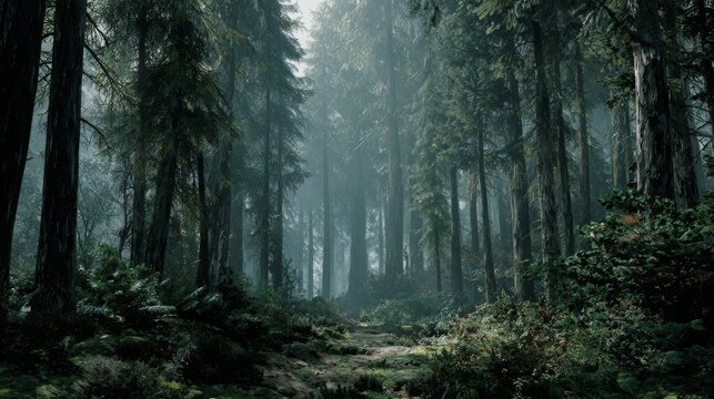 Forest landscape with tall green trees, lush woodland canopy, sunlight filtering through dense foliage, peaceful natural wilderness, scenic evergreen forest, serene outdoor environment, vibrant nature