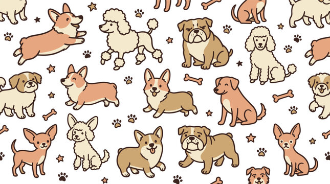 Seamless pattern featuring various cute dog breeds and paw prints.