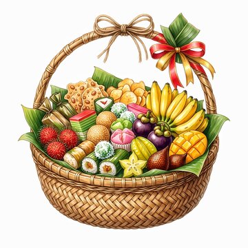 Indonesian traditional food hamper basket with snacks and tropical fruits illustration isolated on white background