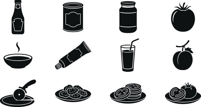 Tomato Ketchup and Food Product Black Silhouette Icon Set with Soup, Sauce Jar, Pizza Cutter, Paste Tube, and Fresh Slices for Menu Designs