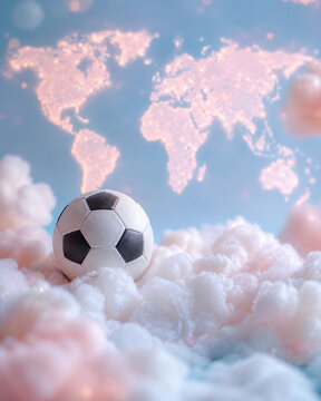 Small soccer ball resting on fluffy pastel clouds with a soft glowing world map background, dreamy cute global sport image.