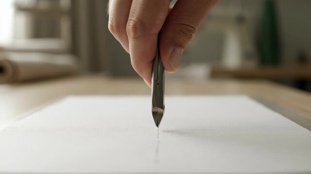 Close up of artist hand holding sewing tweezers for cross stitch fabric marking on white canvas