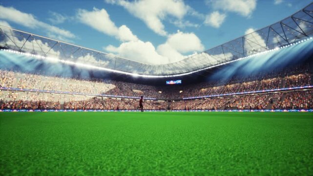 3D rendered soccer players running across stadium field during sunny match day for live sports venue, match background and fan culture content.