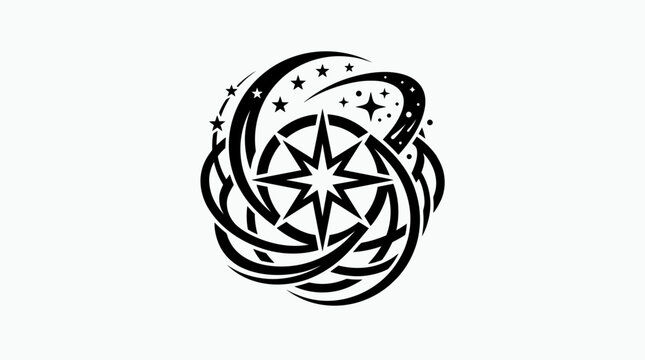 Abstract Swirling Starburst Emblem with Stars - Black and White Graphic
