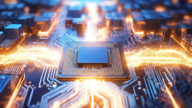 Central processing unit on a futuristic blue circuit board with glowing orange connections