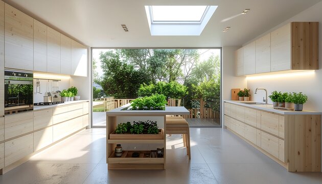 Bright and airy modern eco-friendly kitchen interior featuring sustainable bamboo cabinetry, a large skylight, and an indoor herb garden island flooded with natural light.