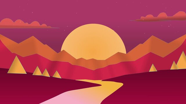 Abstract Graphic Animation, Orange Sunrise in The Desert Valley