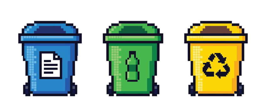 Pixel Art Set of Three Recycling Bins for Paper Plastic and General Waste