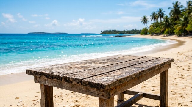 Weathered wooden table standing on a pristine tropical white sand beach
