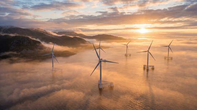 Floating wind turbines stand tall in the calm golden ocean waters
