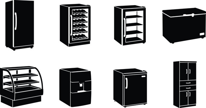 Refrigeration Appliance Icons Set Featuring Refrigerator Freezer Wine Cooler Display Case and Cold Storage Equipment