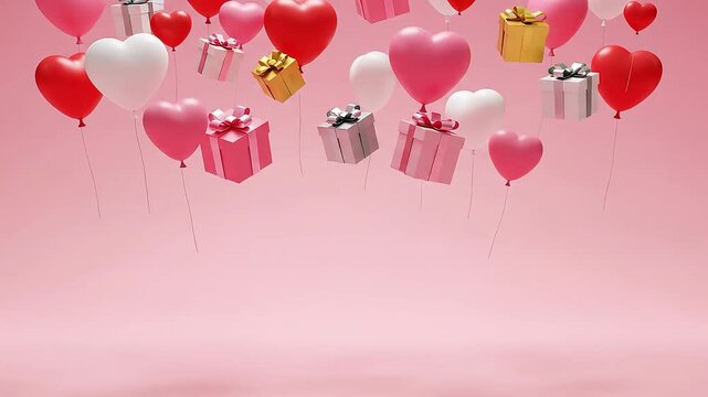 Floating heart balloons and gift boxes in this 3d animation video
