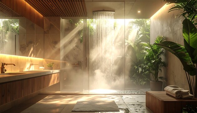 Luxury modern wellness bathroom featuring a glass steam shower enclosure with soft fog, dramatic morning sunbeams, and a wooden vanity overlooking a lush tropical garden.