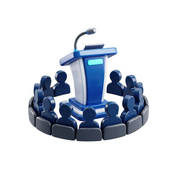 isolated white background of a 3D icon depicting a circular meeting arrangement with stylized people around a speaker's podium, symbolizing conference or lecture.