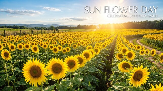 Vibrant yellow sunflowers bloom under the bright warm summer sun

