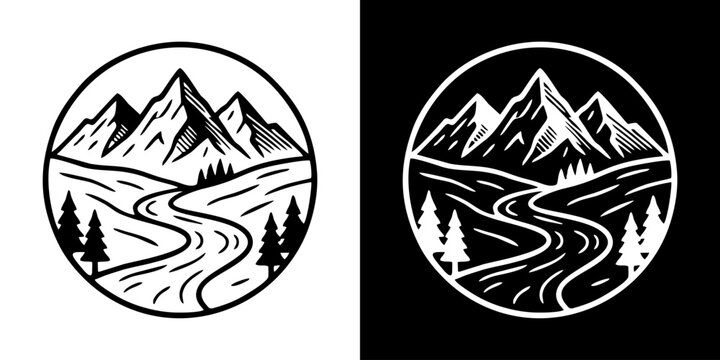 Minimalist mountain river landscape circular badge logo design