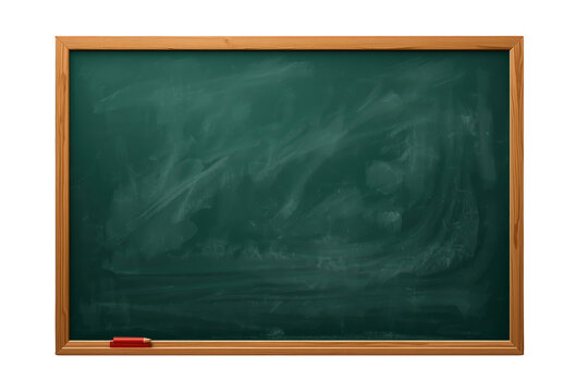 Green chalkboard with wood frame, dusty blackboard surface, education background, school supplies concept, transparent backdrop