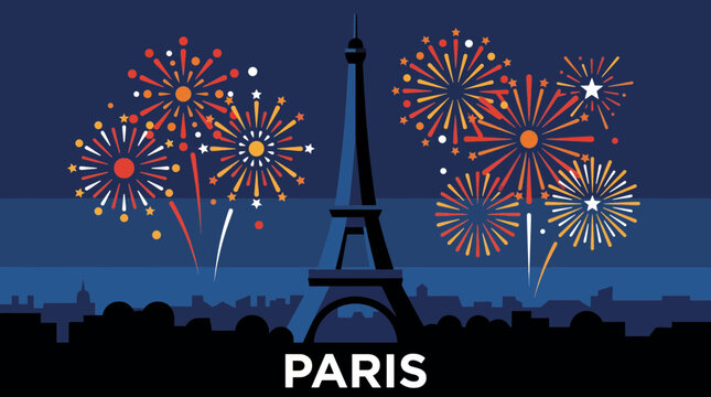Eiffel Tower and Fireworks Night Scene Illustration